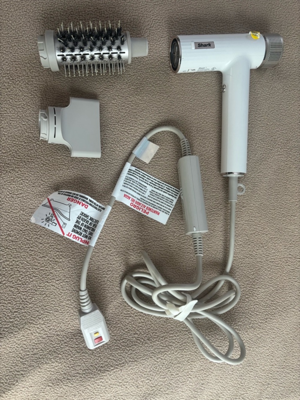 Shark White Compact Hair Dryer with Brush and Nozzle Attachments